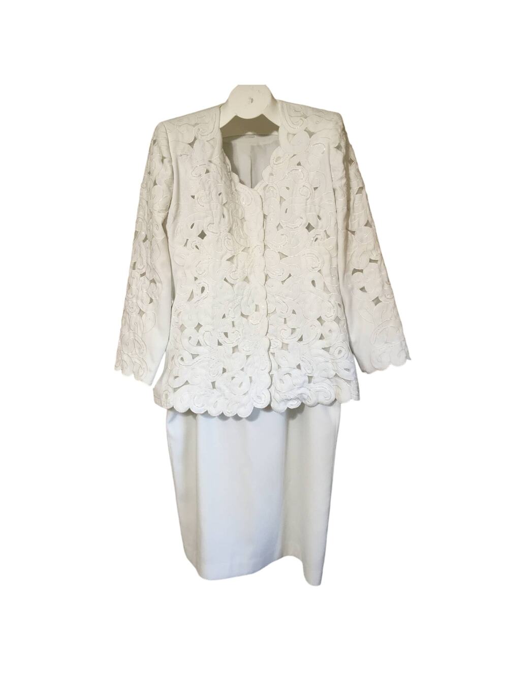 Nubiano Women's 14 White 2 Piece Skirt Suit Set Beaded Eyelet Lace Jacket
